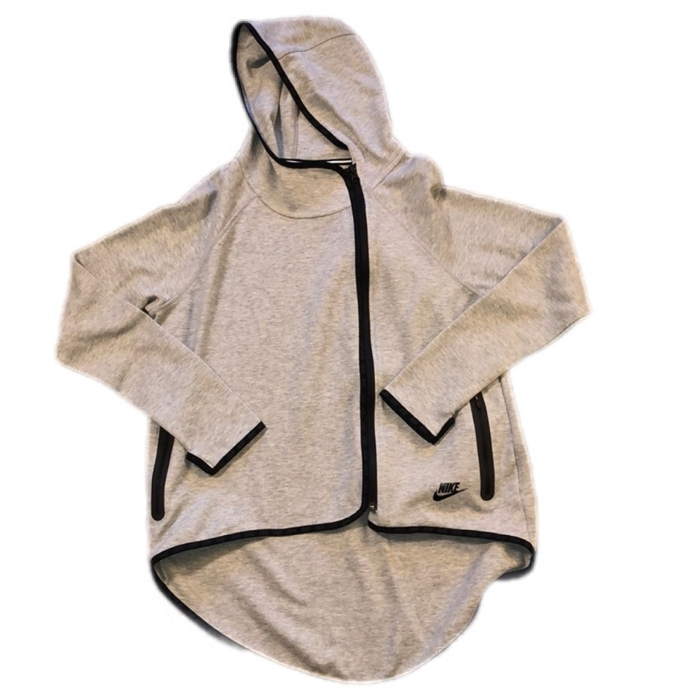 Nike Tech Hoodie Asymmetrical Zip Gray Black Trim Lightweight Jacket Athleisure